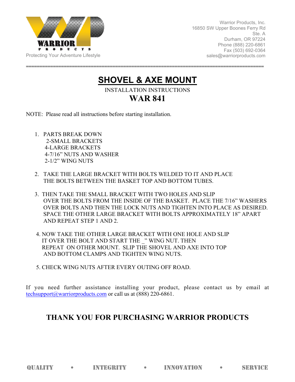 Warrior 841 SHOVEL & AXE MOUNT (Universal) User Manual | 1 page