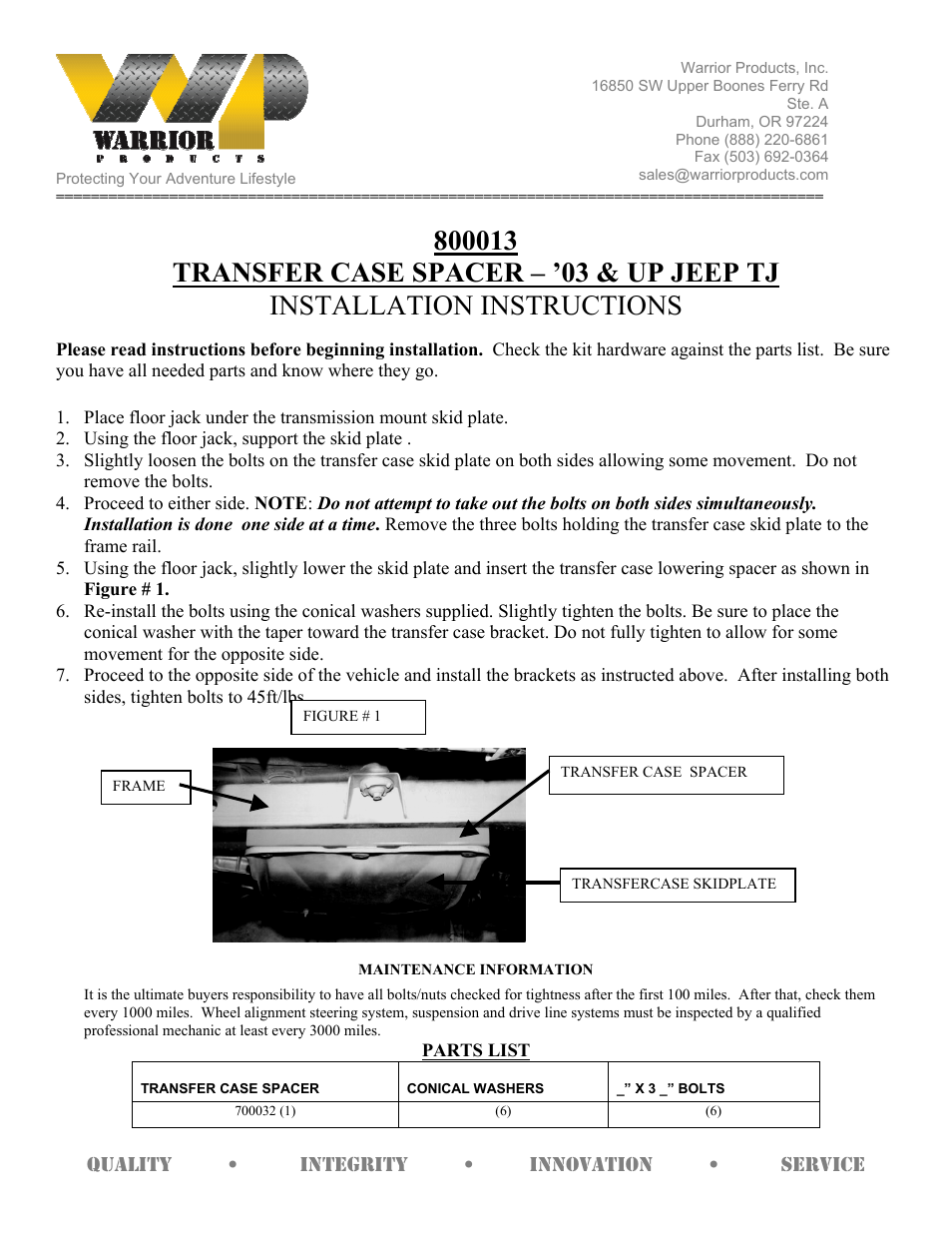 Warrior 800013 TRANSFER CASE SPACER (1997 – 2006 Jeep TJ Wrangler) User Manual | 1 page