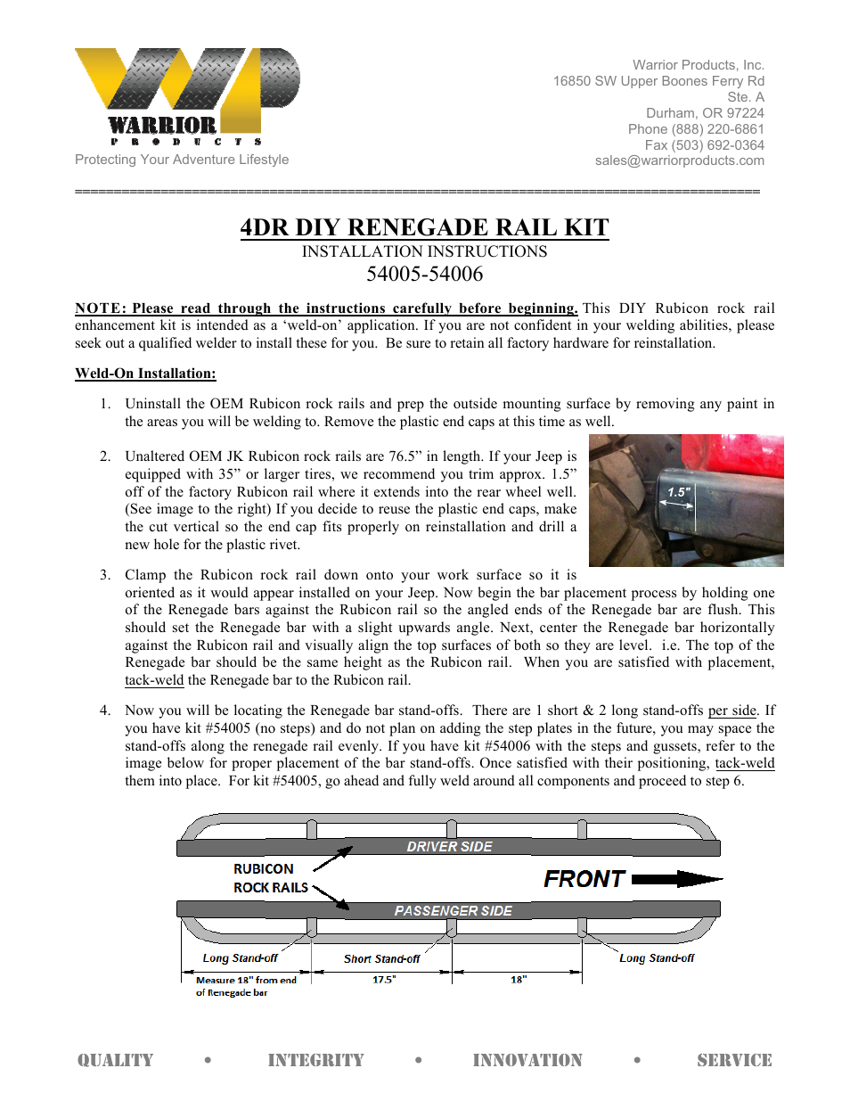 Warrior 54005-54006 4DR DIY RENEGADE RAIL KIT (2007 – 2013 Jeep JK Wrangler) User Manual | 2 pages