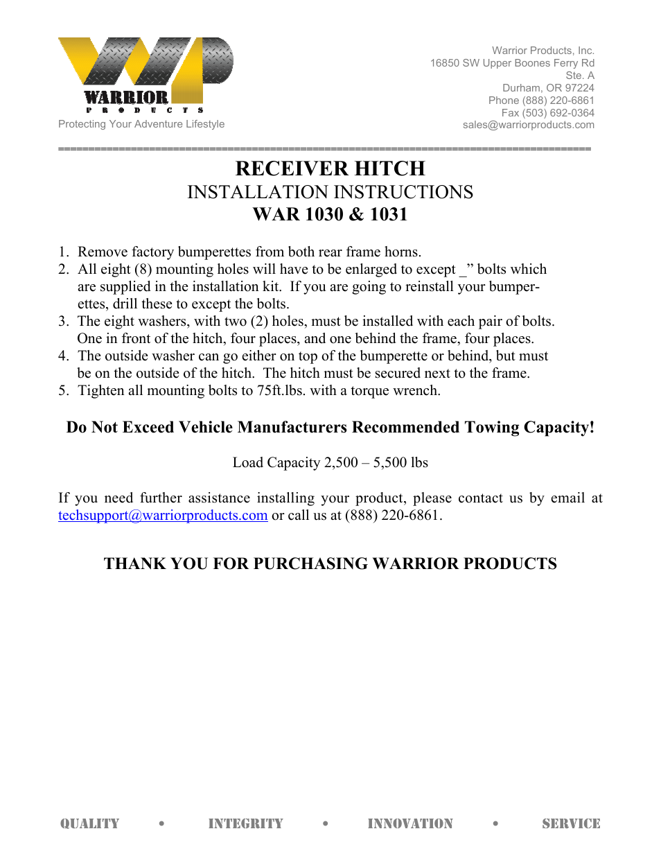 Warrior 1031 RECEIVER HITCH (1976 – 1986 Jeep CJ5, CJ7) User Manual | 1 page