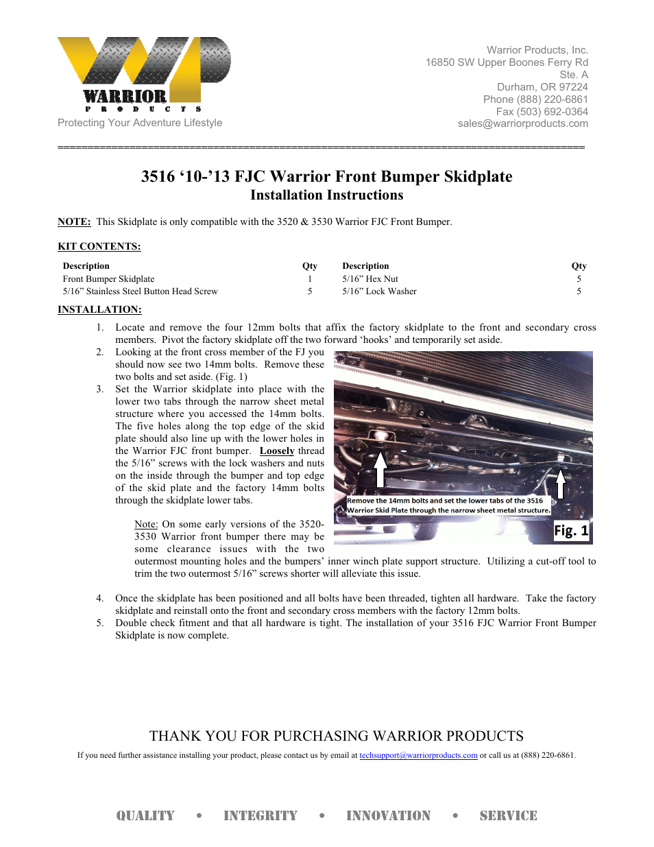 Warrior 3516 ‘10-’13 FJC Warrior Front Bumper Skidplate (2007-2013 FJ Cruiser) User Manual | 1 page