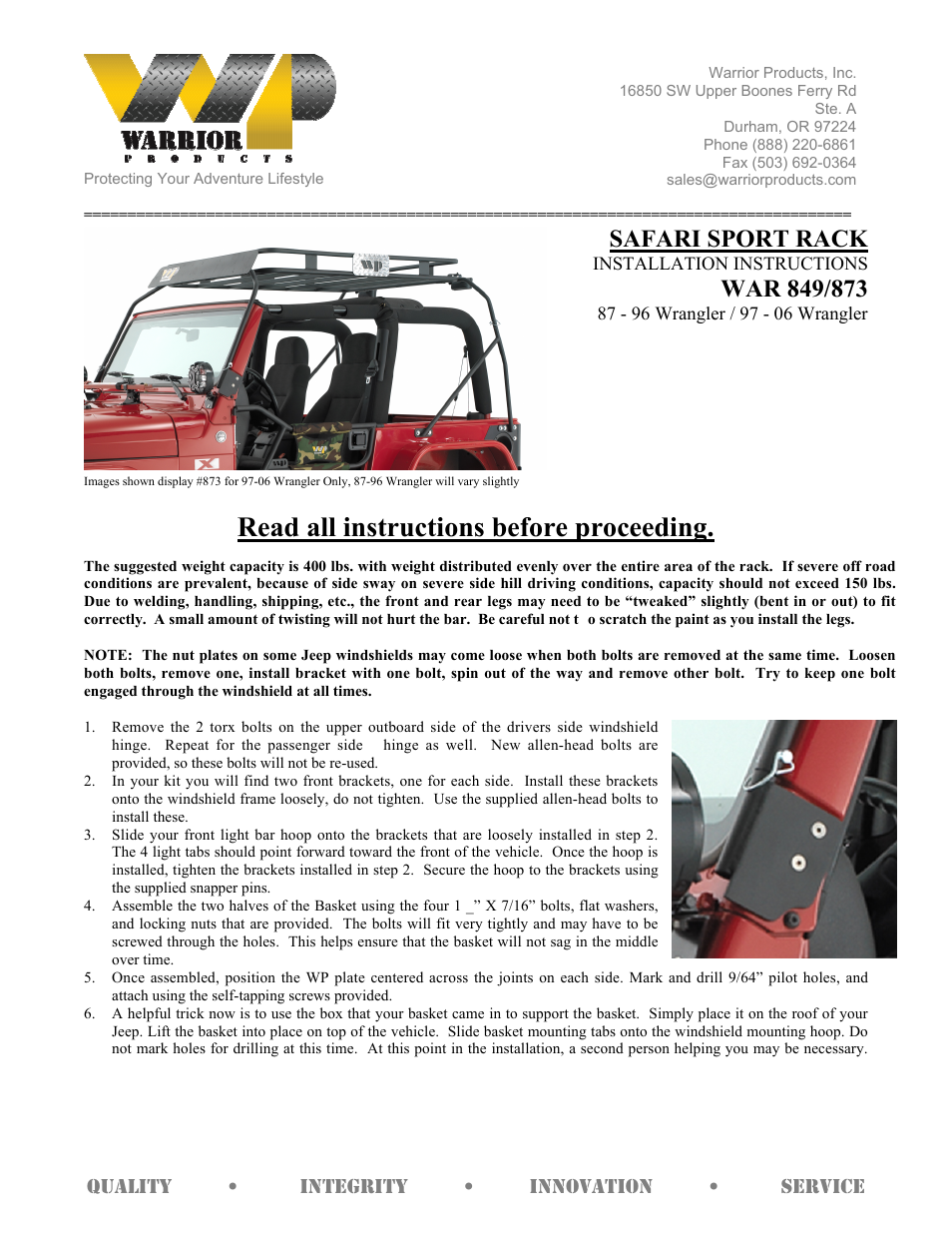 Warrior 873 SAFARI SPORT RACK (1987 – 1996 Jeep YJ Wrangler) User Manual | 2 pages