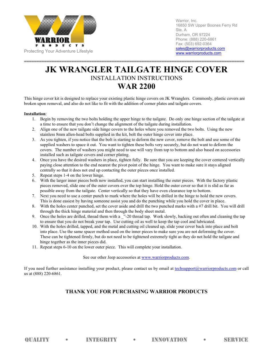 Warrior 2200 TAILGATE HINGE COVER (2007 – 2013 Jeep JK Wrangler) User Manual | 1 page