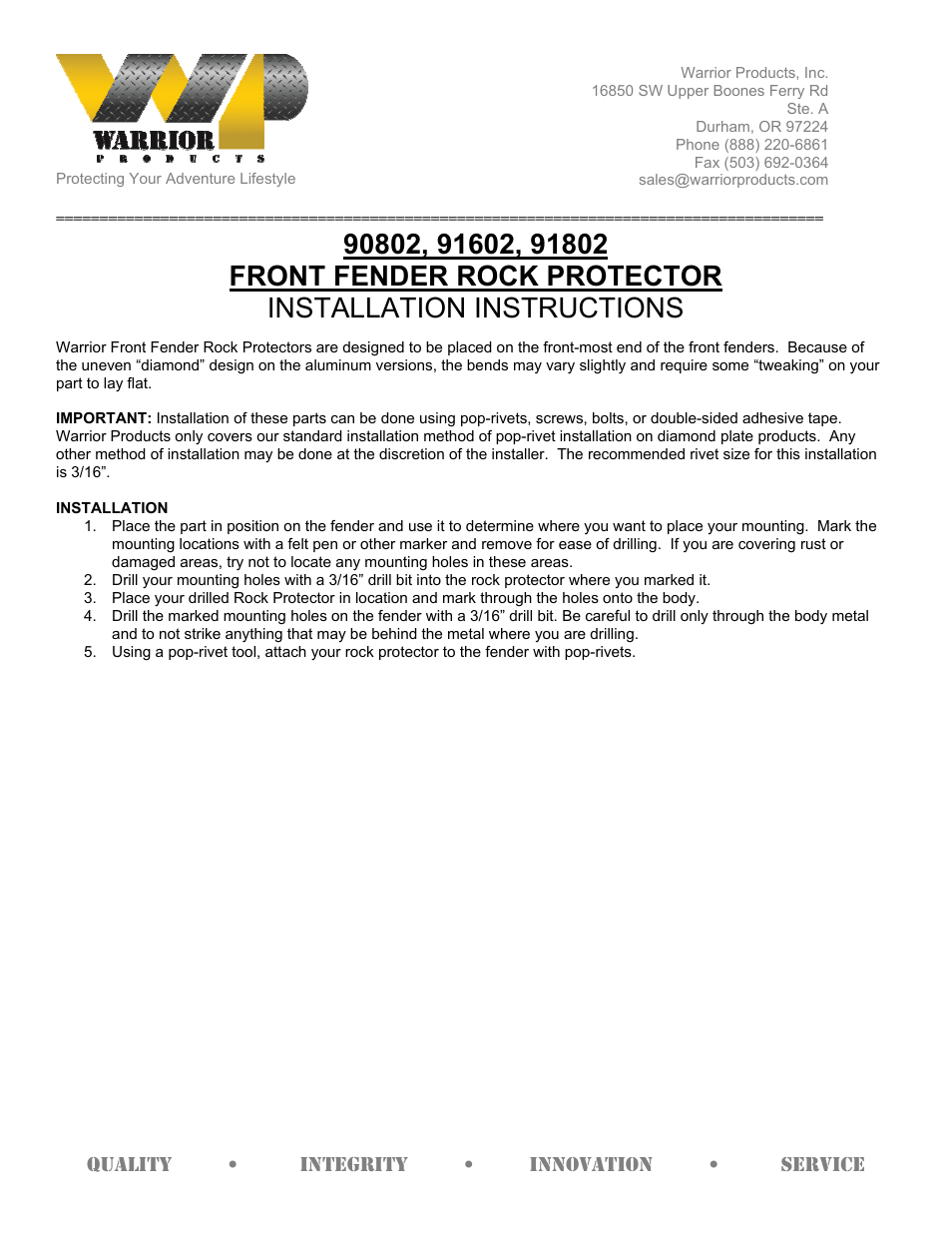 Warrior 91802 FRONT FENDER ROCK PROTECTOR (1987 – 1996 Jeep YJ Wrangler) User Manual | 1 page