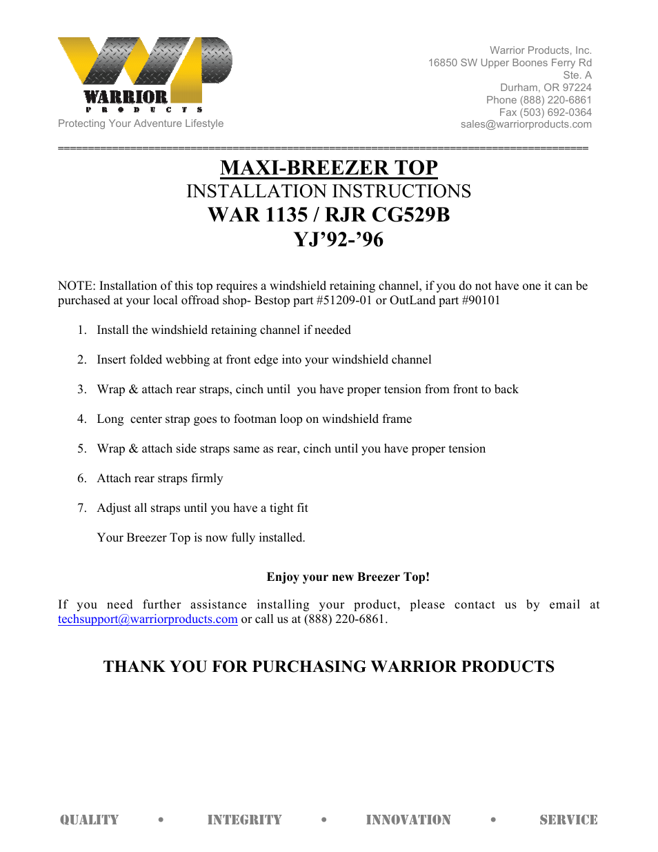 Warrior 1135_RJR CG529B MAXI-BREEZER TOP (1987 – 1996 Jeep YJ Wrangler) User Manual | 1 page