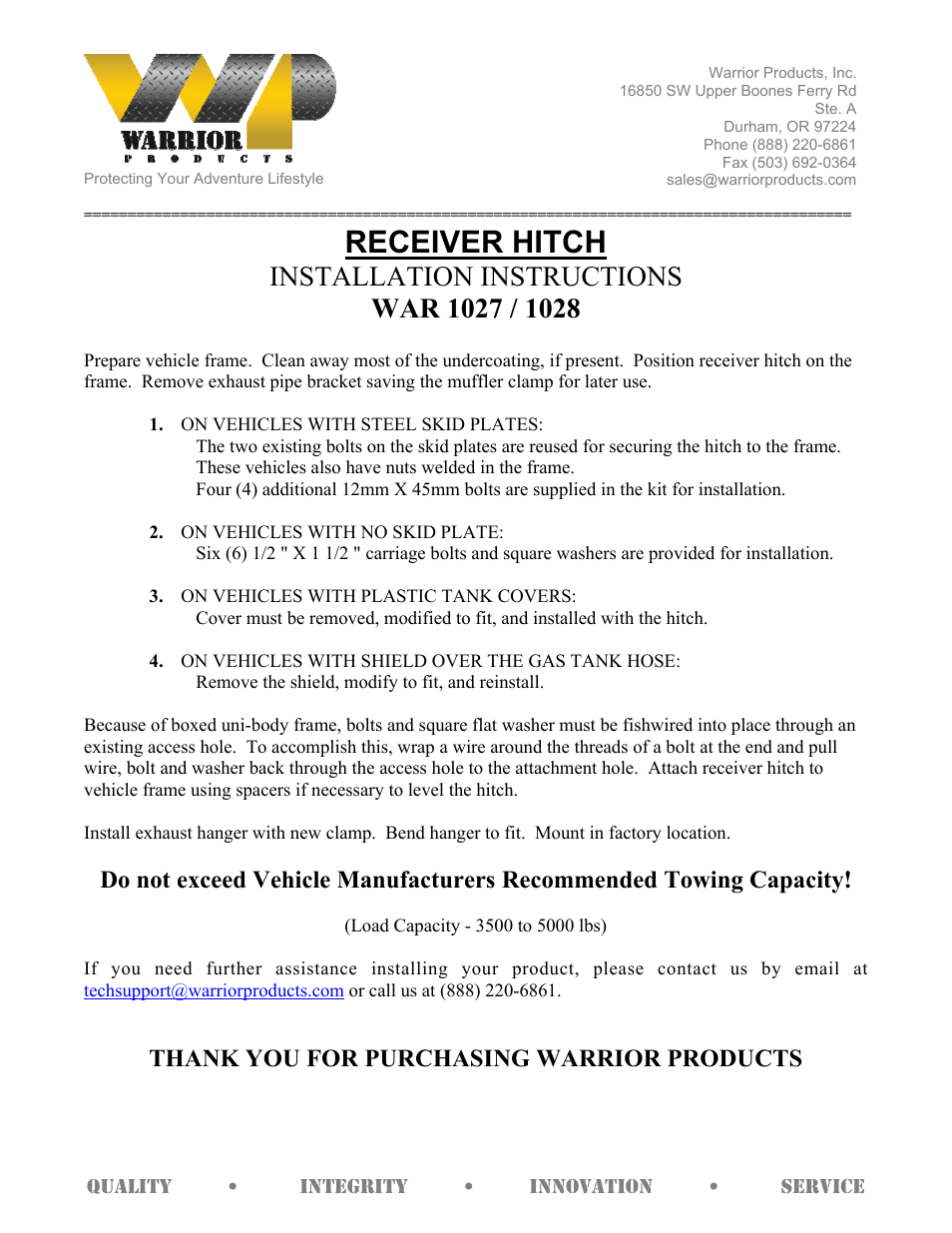 Warrior 1027_1028 RECEIVER HITCH (1984 – 2001 Jeep XJ Cherokee) User Manual | 1 page