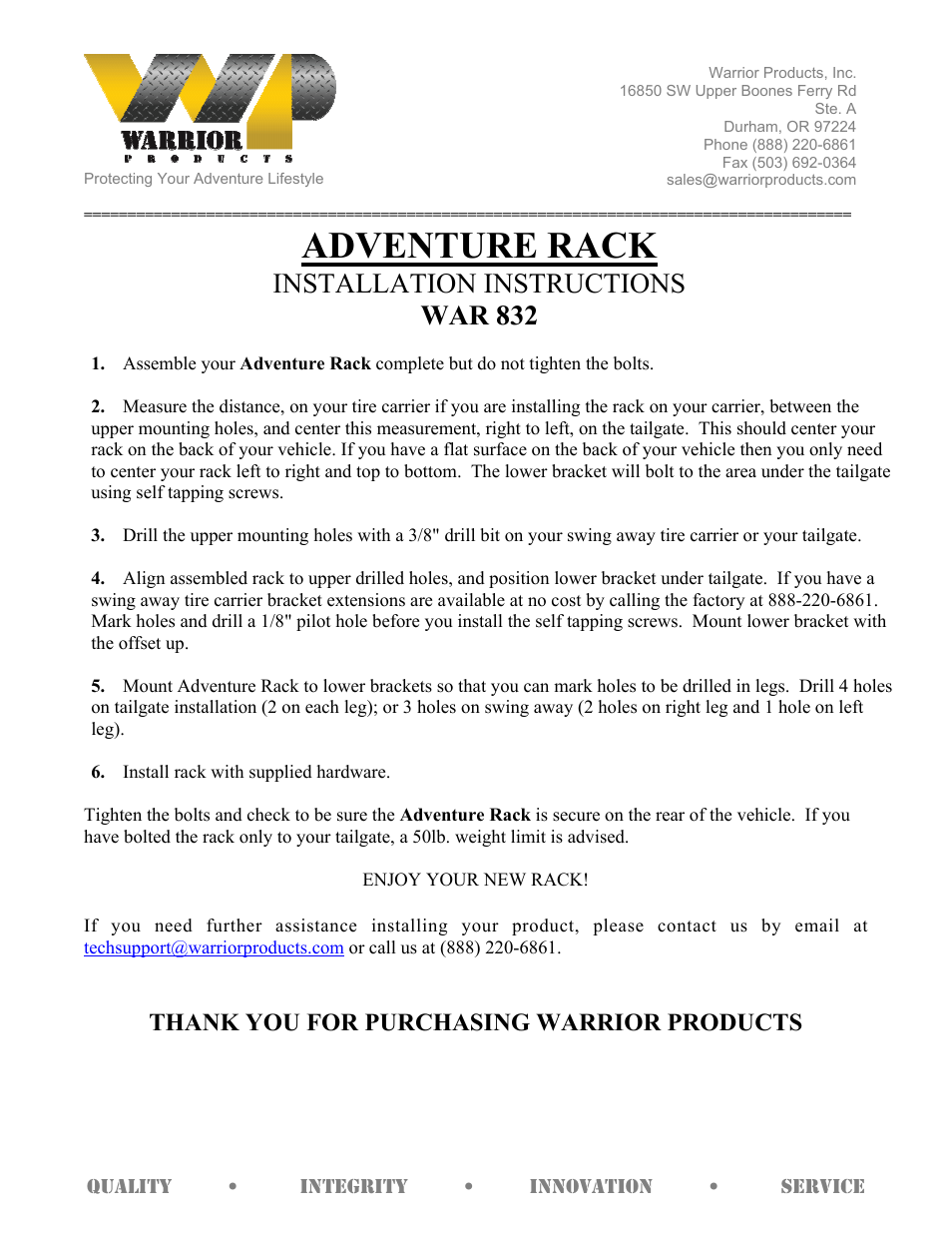 Warrior 832 ADVENTURE RACK (1976 – 1986 Jeep CJ7) User Manual | 1 page