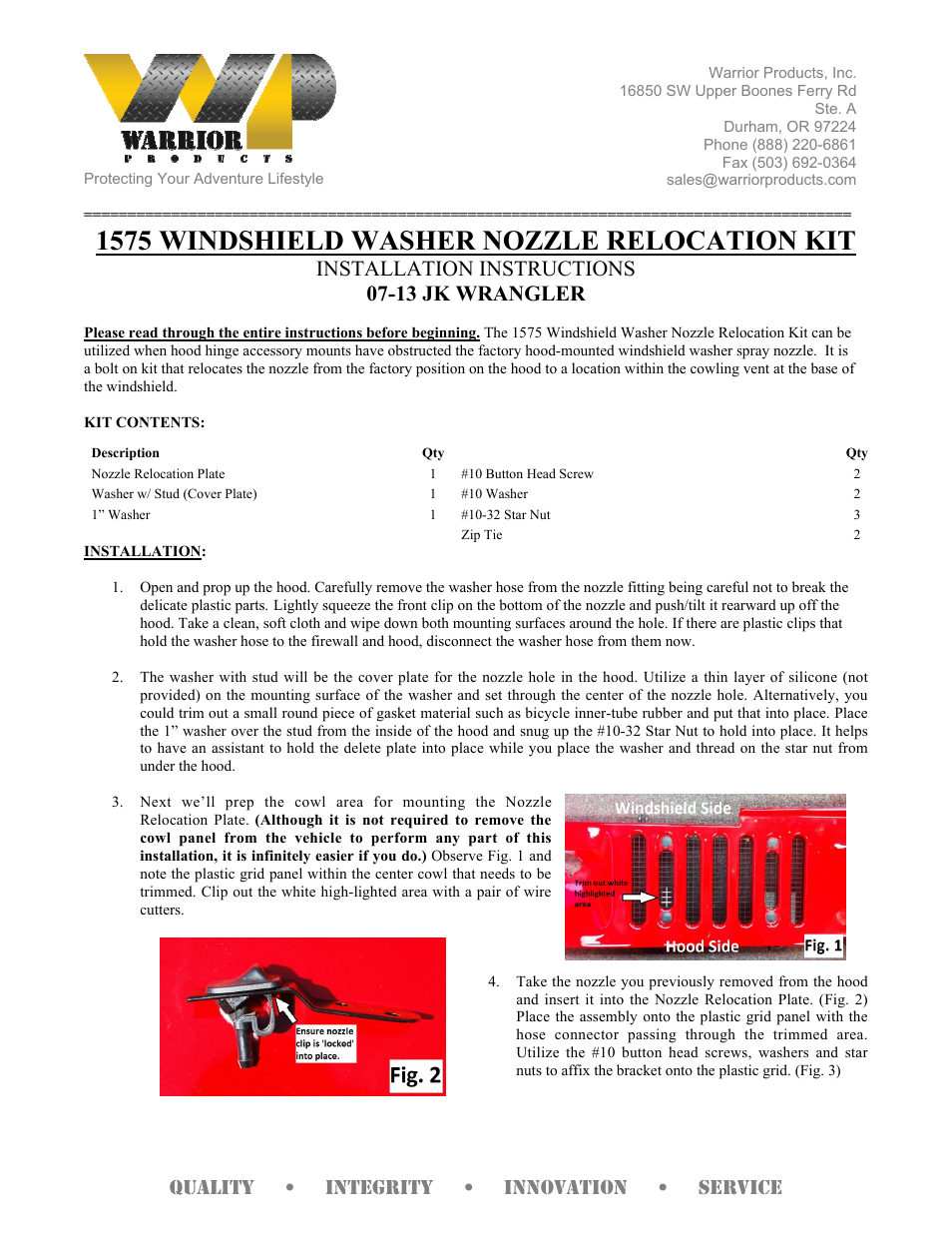 Warrior 1575 WINDSHIELD WASHER NOZZLE RELOCATION KIT (2007 – 2013 Jeep JK Wrangler) User Manual | 2 pages