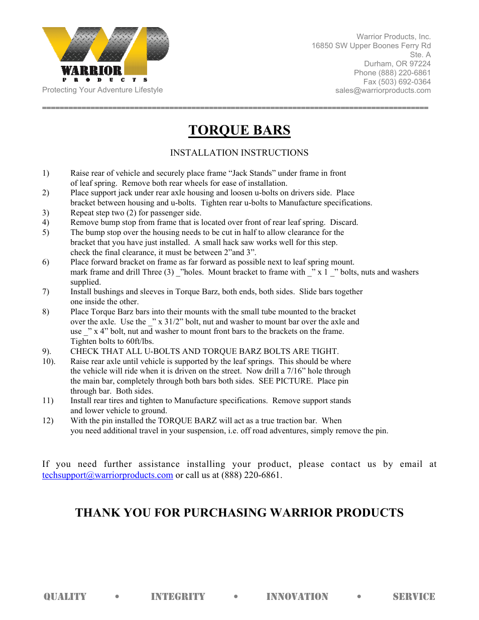 Warrior TORQUE BARS (1976 – 1986 Jeep CJ7) User Manual | 1 page