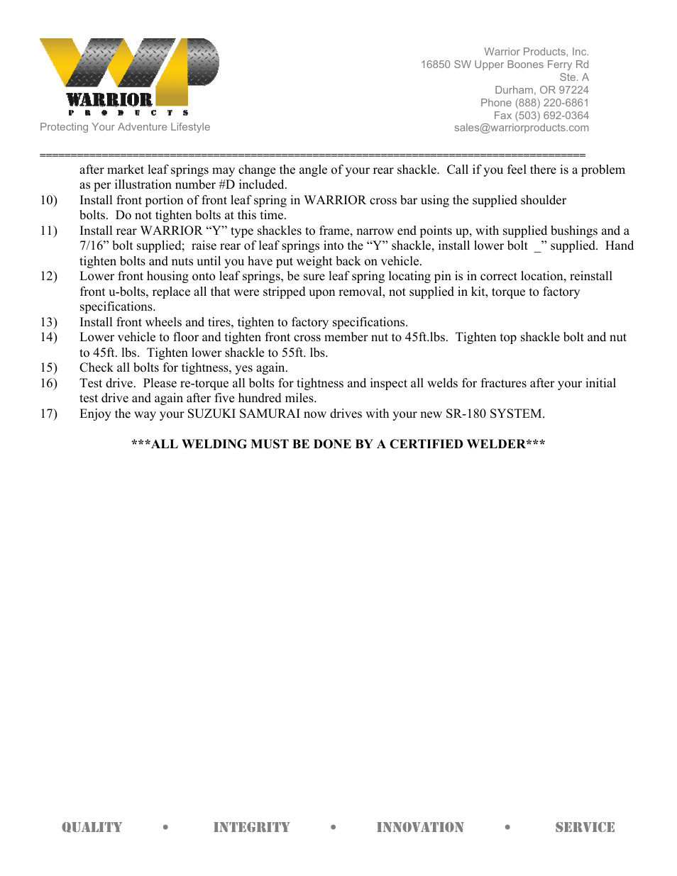 Warrior SR 180-4 SYSTEM (1986 – 1992 Suzuki Samurai) User Manual | Page 2 / 2