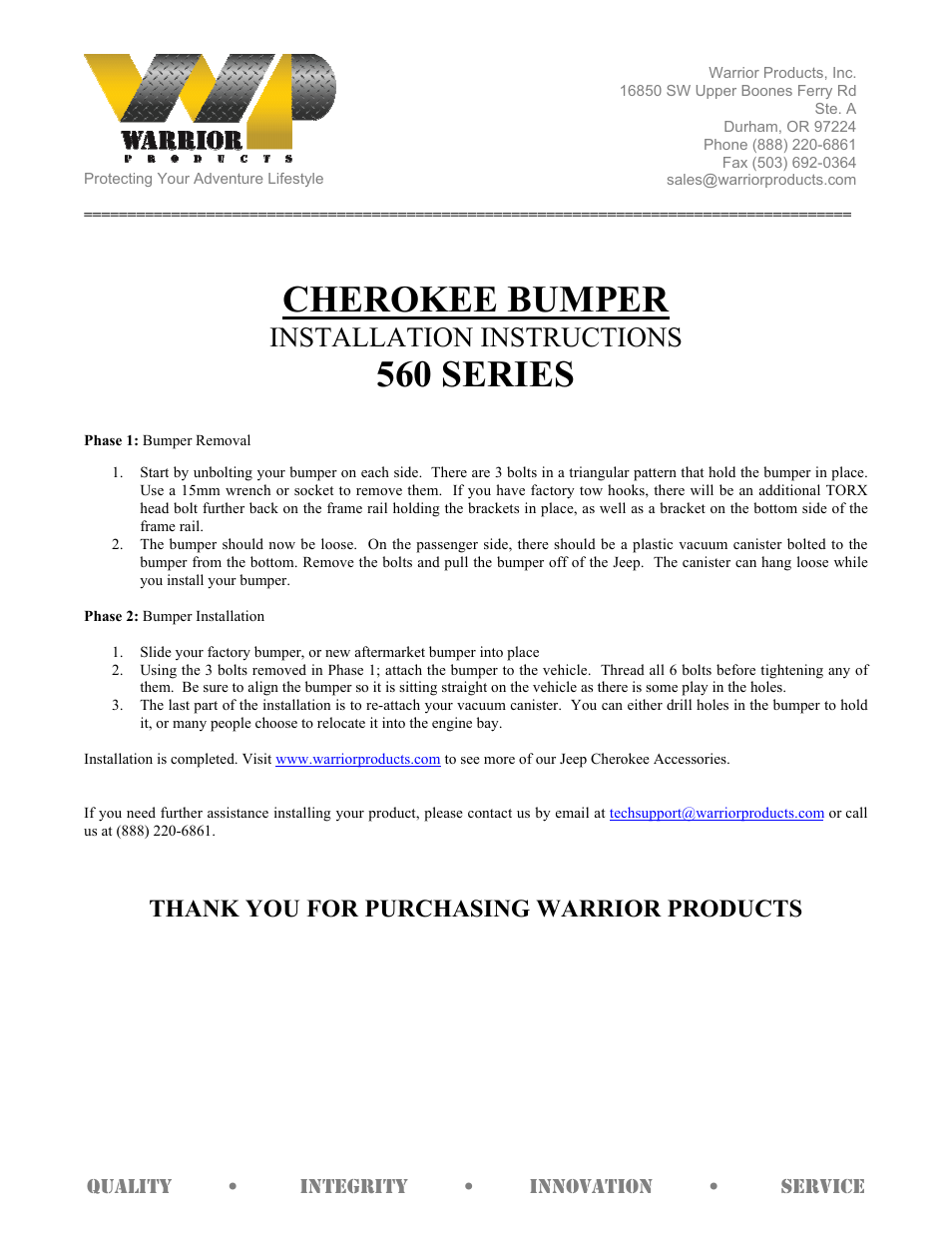 Warrior 560 SERIES CHEROKEE BUMPER (1984 – 2001 Jeep XJ Cherokee) User Manual | 1 page