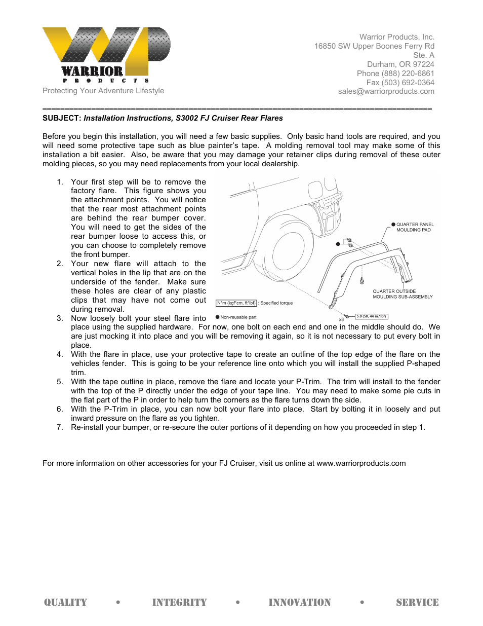 Warrior S3002 FJ Cruiser Rear Flares (2007-2013 FJ Cruiser) User Manual | 1 page