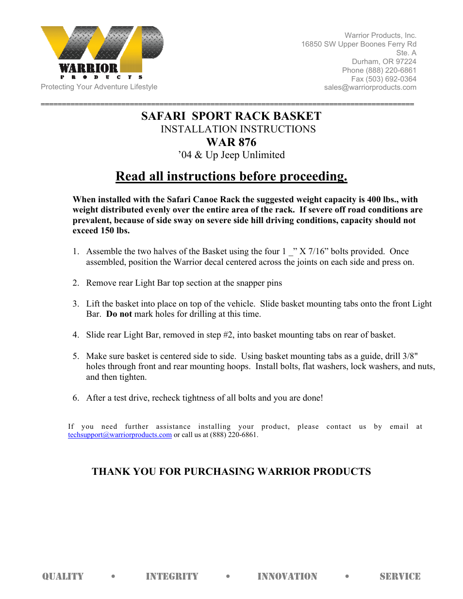 Warrior 876 SAFARI SPORT RACK BASKET (2004 – 2006 Jeep LJ Unlimited) User Manual | 1 page