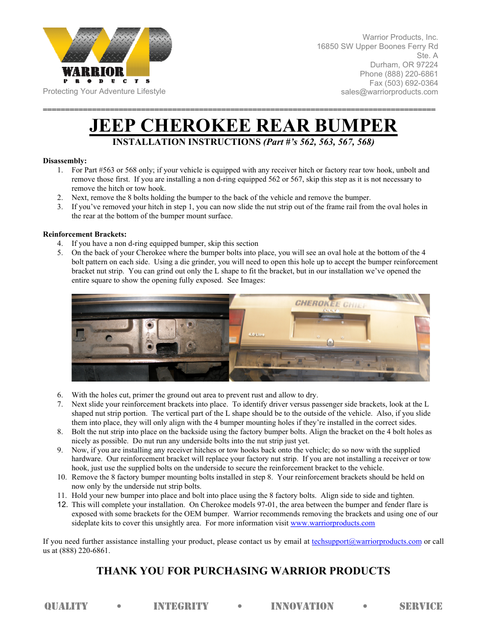 Warrior 568 REAR BUMPER (1984 – 2001 Jeep XJ Cherokee) User Manual | 1 page