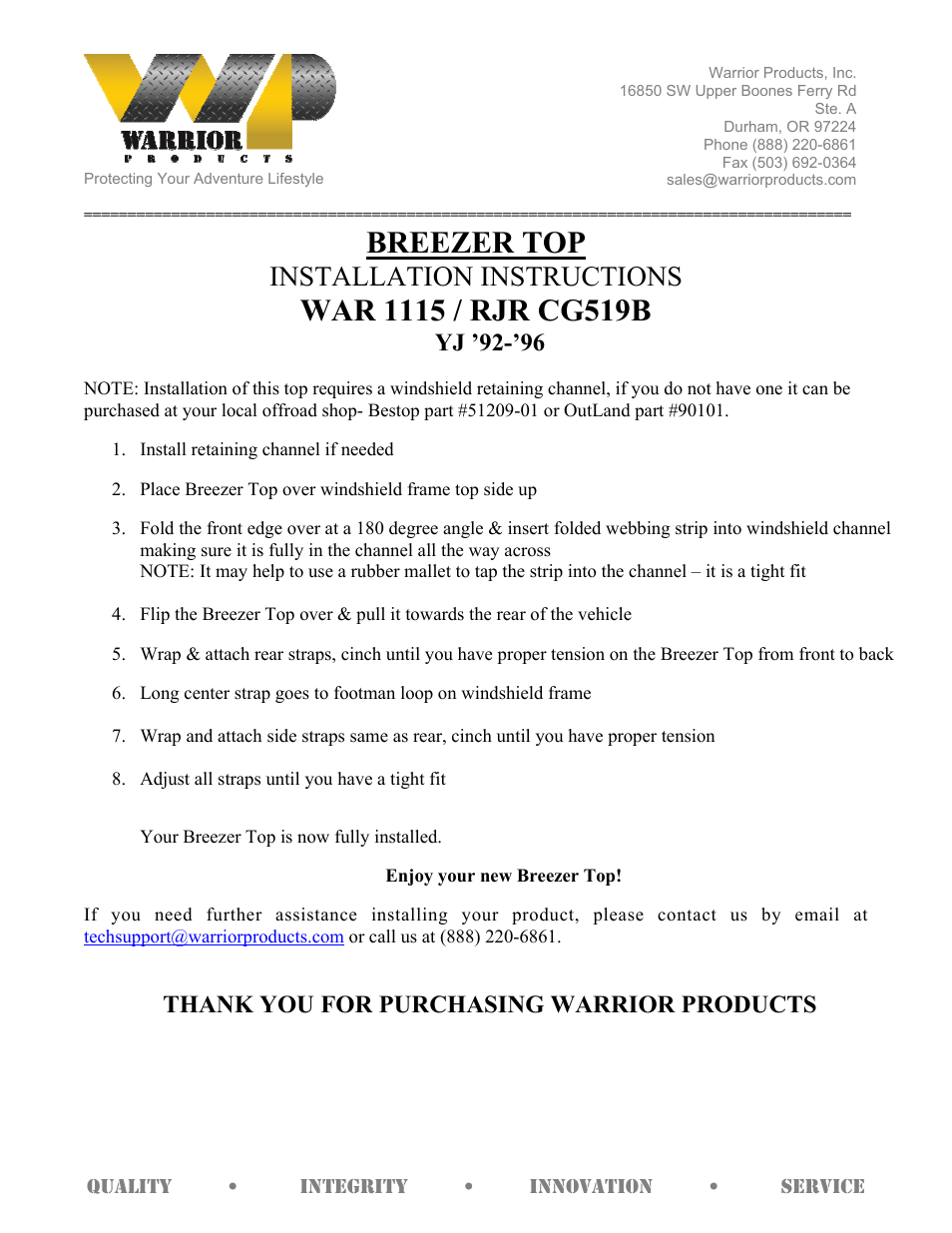 Warrior 1115_RJR CG519B BREEZER TOP (1987 – 1996 Jeep YJ Wrangler) User Manual | 1 page