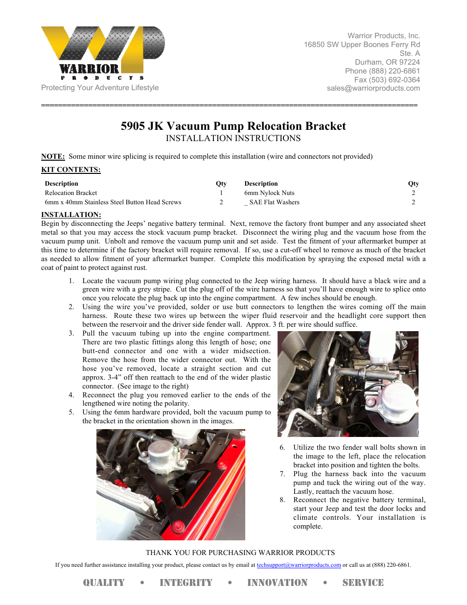 Warrior 5905 Vacuum Pump Relocation Bracket (2007 – 2013 Jeep JK Wrangler) User Manual | 1 page