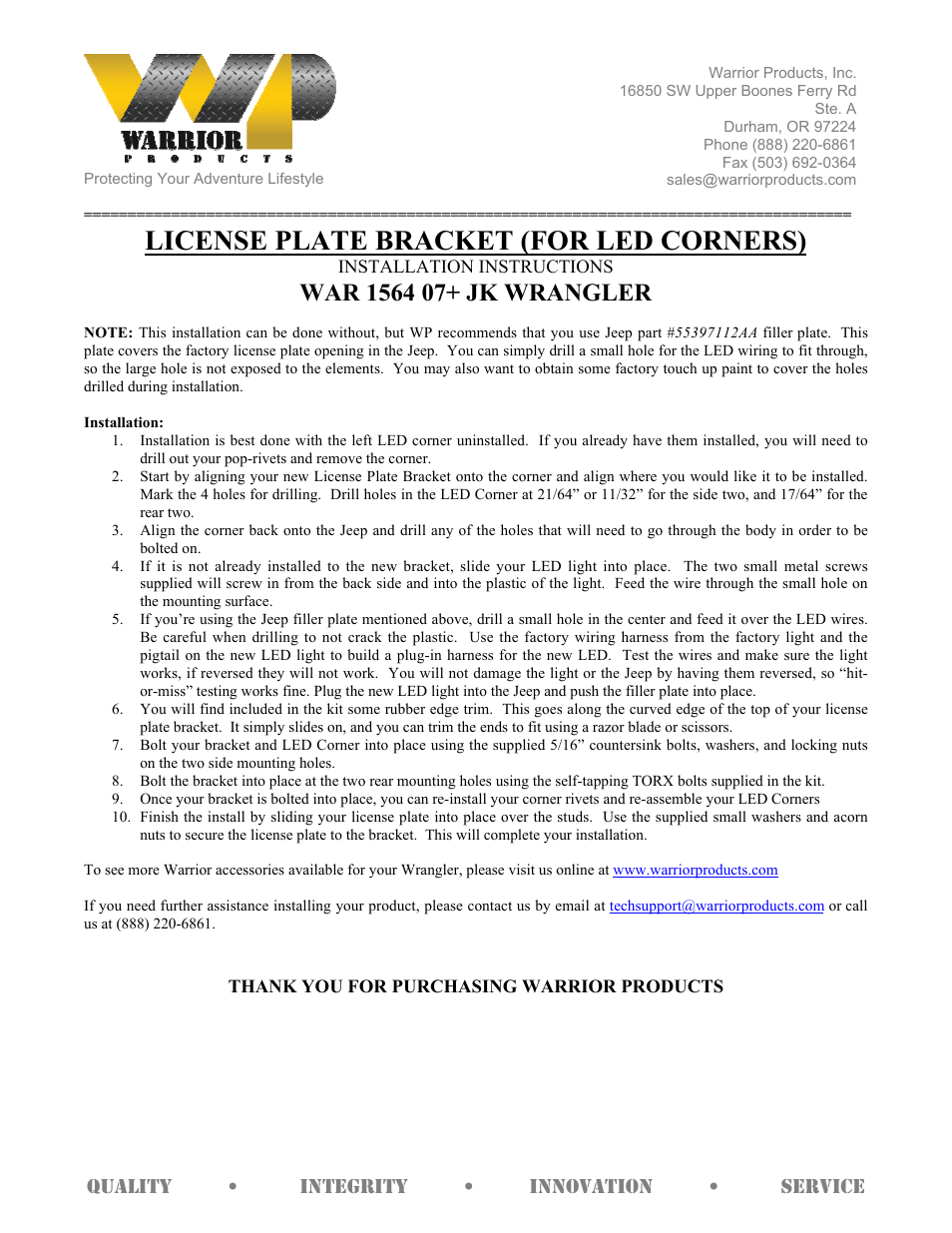 Warrior 1564 LICENSE PLATE BRACKET (FOR LED CORNERS) (2007 – 2013 Jeep JK Wrangler) User Manual | 1 page