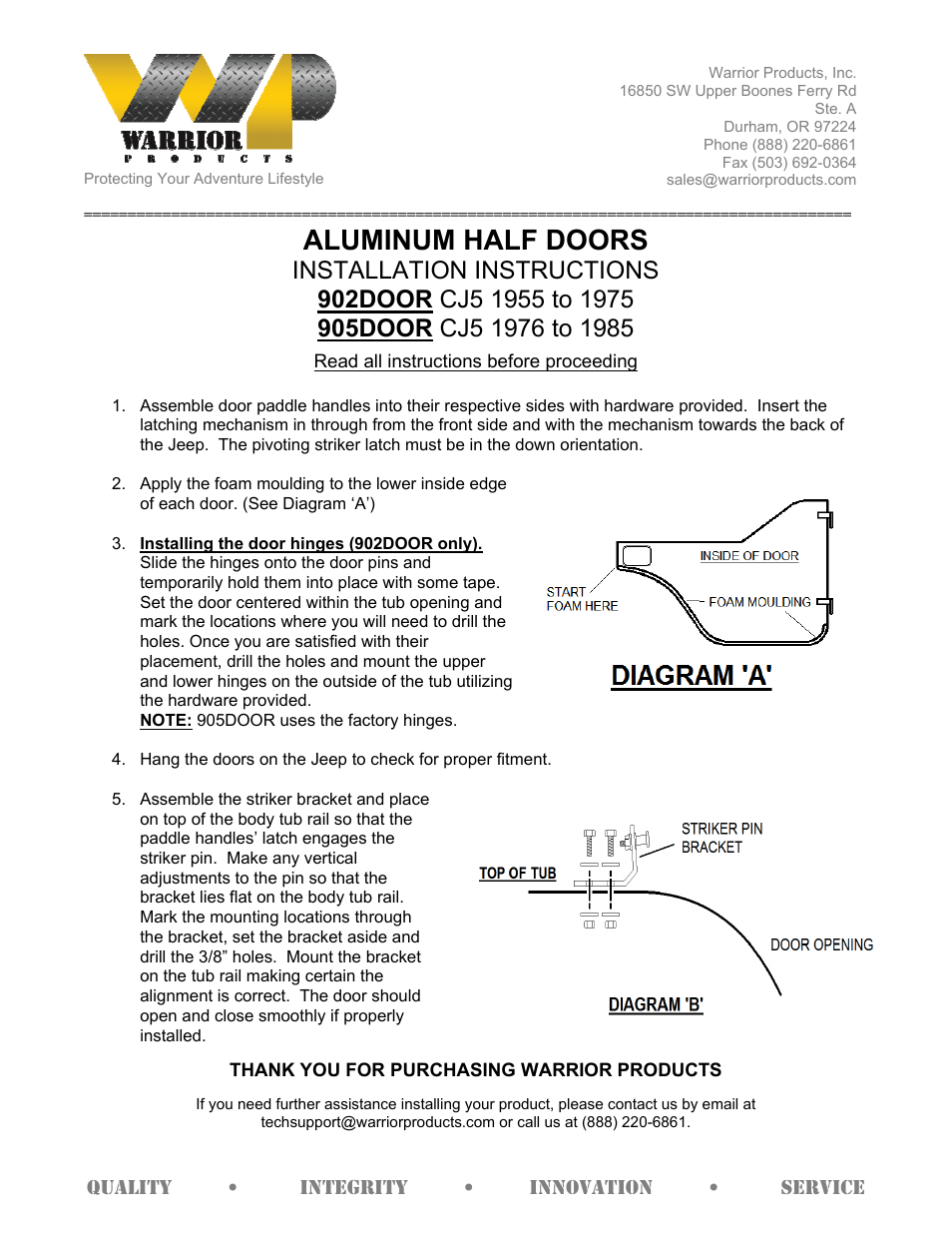 Warrior 905DOOR CJ5 1976 to 1985 ALUMINUM HALF DOORS User Manual | 1 page