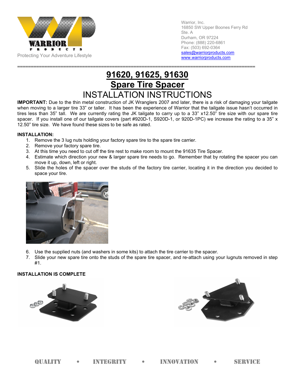 Warrior 91630 Spare Tire Spacer (1976 – 1986 Jeep CJ7) User Manual | 1 page