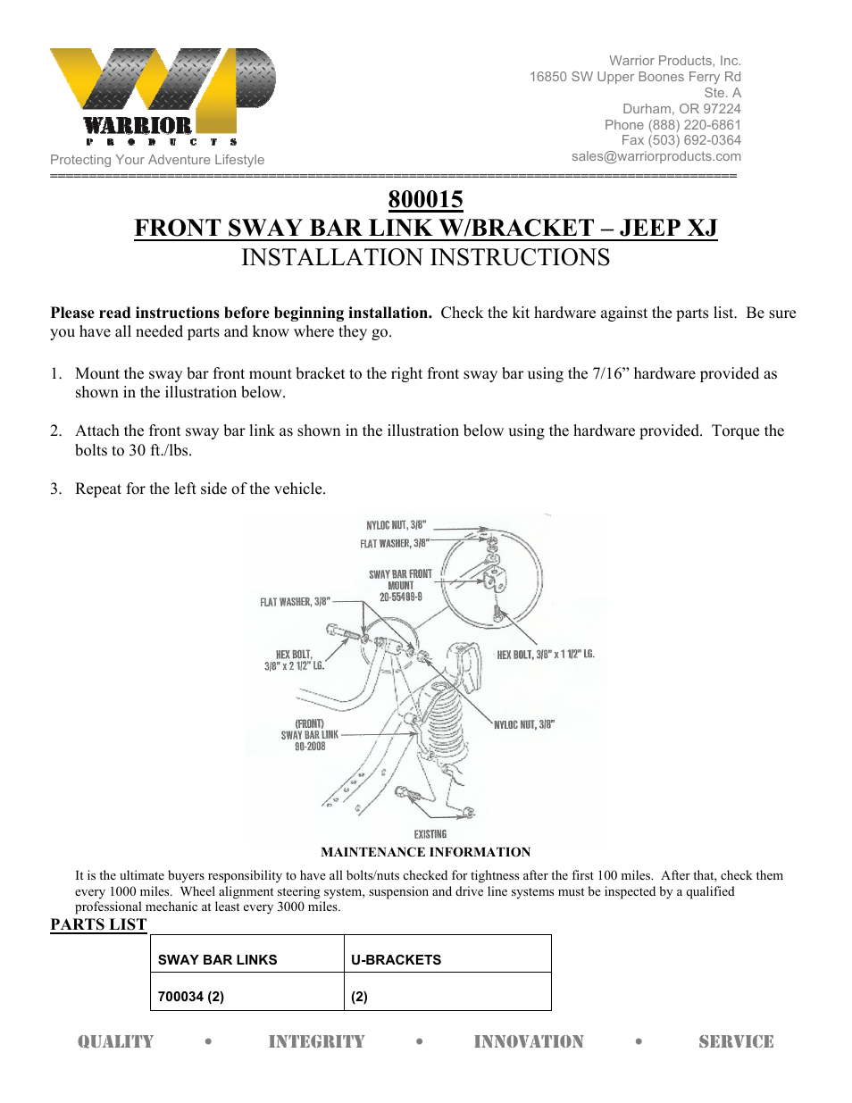 Warrior 800015 FRONT SWAY BAR LINK W_BRACKET (1984 – 2001 Jeep XJ Cherokee) User Manual | 1 page