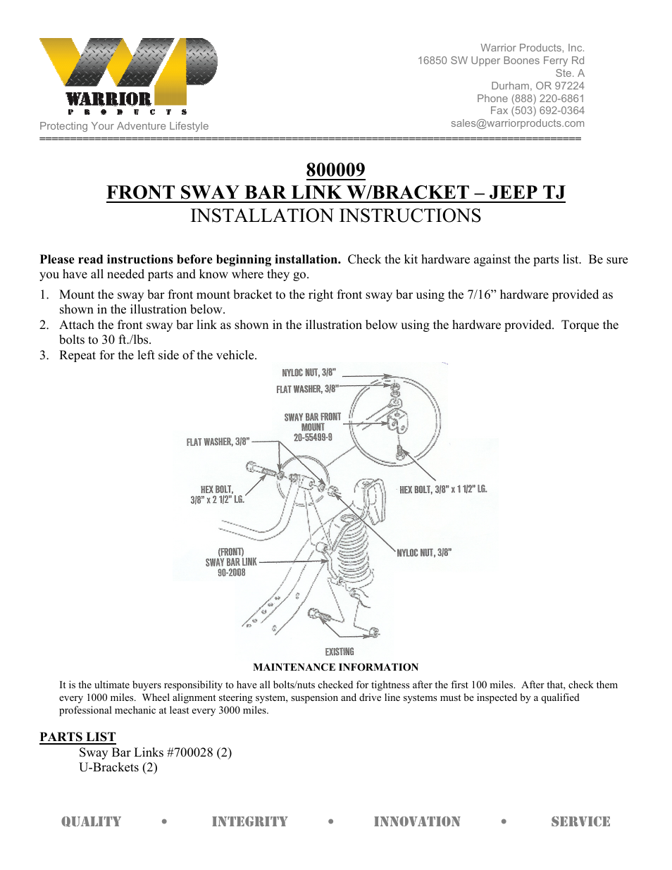 Warrior 800009 FRONT SWAY BAR LINK W_BRACKET (1997 – 2006 Jeep TJ Wrangler) User Manual | 1 page