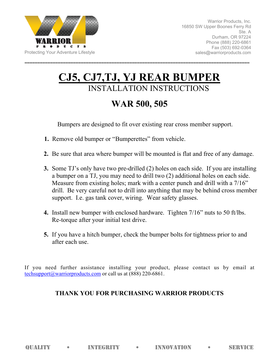 Warrior 505 CJ5, CJ7,TJ, YJ REAR BUMPER (1987 – 1996 Jeep YJ Wrangler) User Manual | 1 page