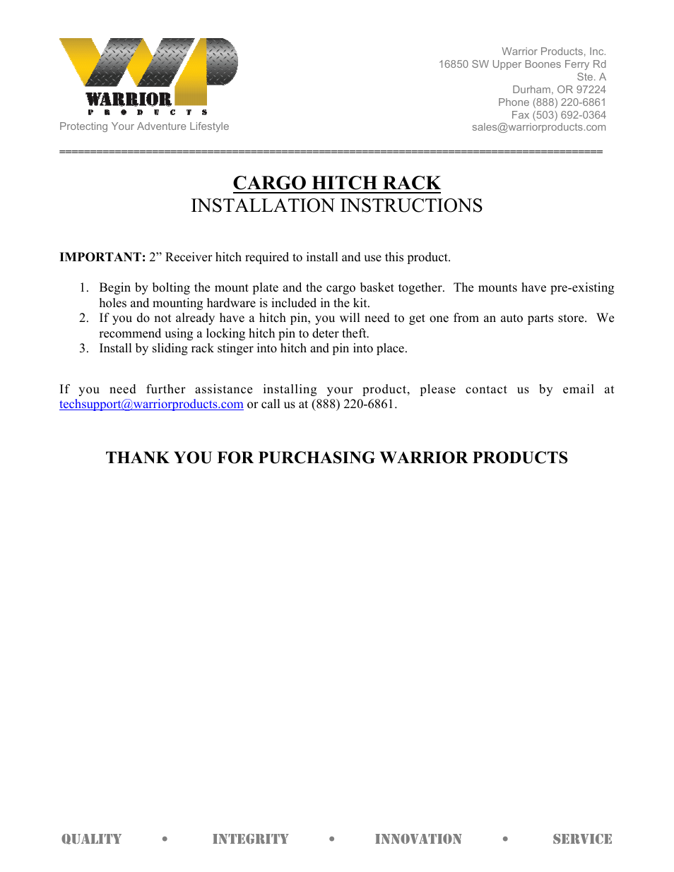 Warrior CARGO HITCH RACK (Universal) User Manual | 1 page