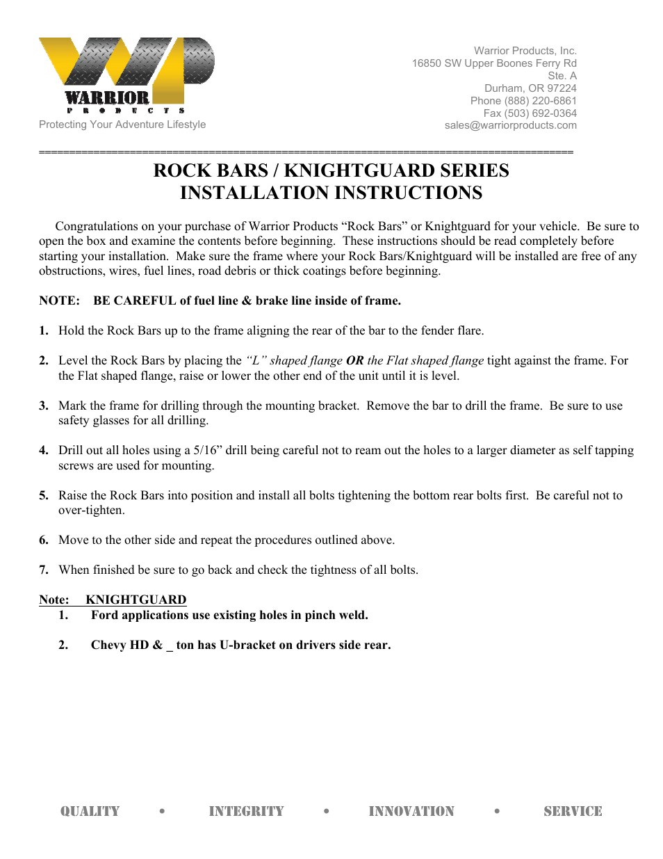 Warrior ROCK BARS _ KNIGHTGUARD SERIES (1986 – 1992 Suzuki Samurai) User Manual | 1 page