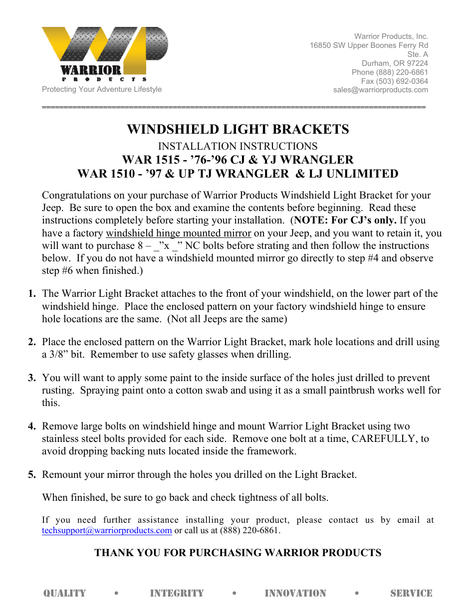 Warrior 1510 - ’97 & UP TJ WRANGLER & LJ UNLIMITED WINDSHIELD LIGHT BRACKETS User Manual | 1 page