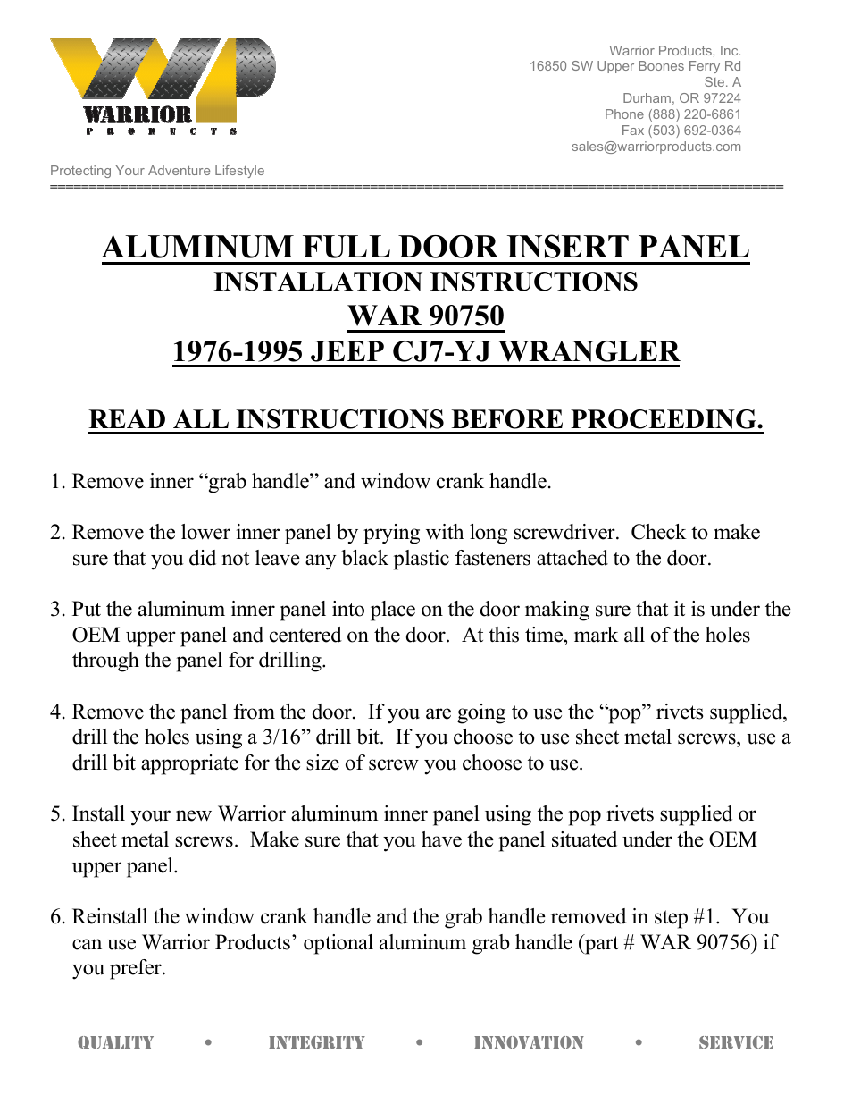 Warrior 90750 ALUMINUM FULL DOOR INSERT PANEL (1976-1995 JEEP CJ7-YJ WRANGLER) User Manual | 1 page