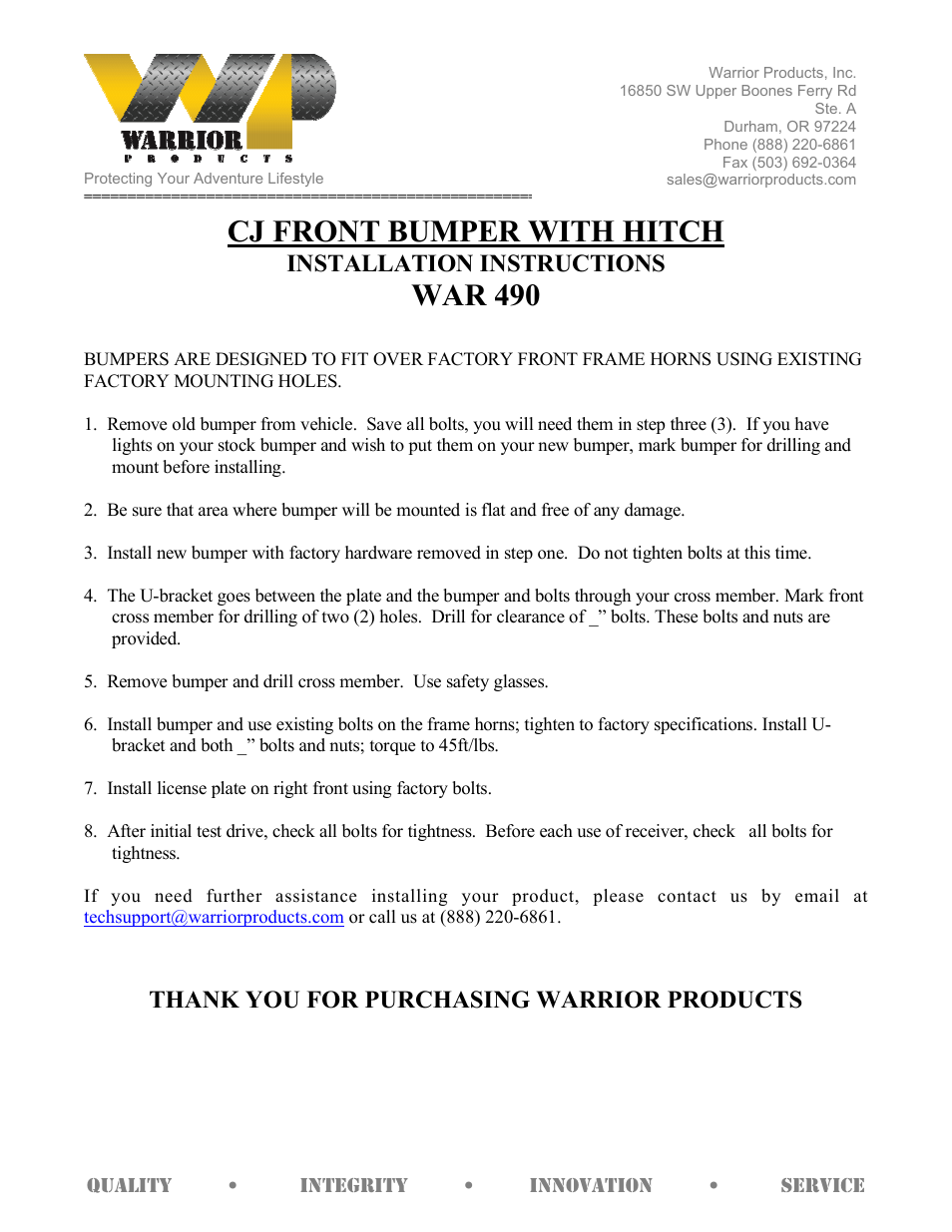 Warrior 490 CJ FRONT BUMPER WITH HITCH (1976 – 1986 Jeep CJ5, CJ7, CJ8) User Manual | 1 page