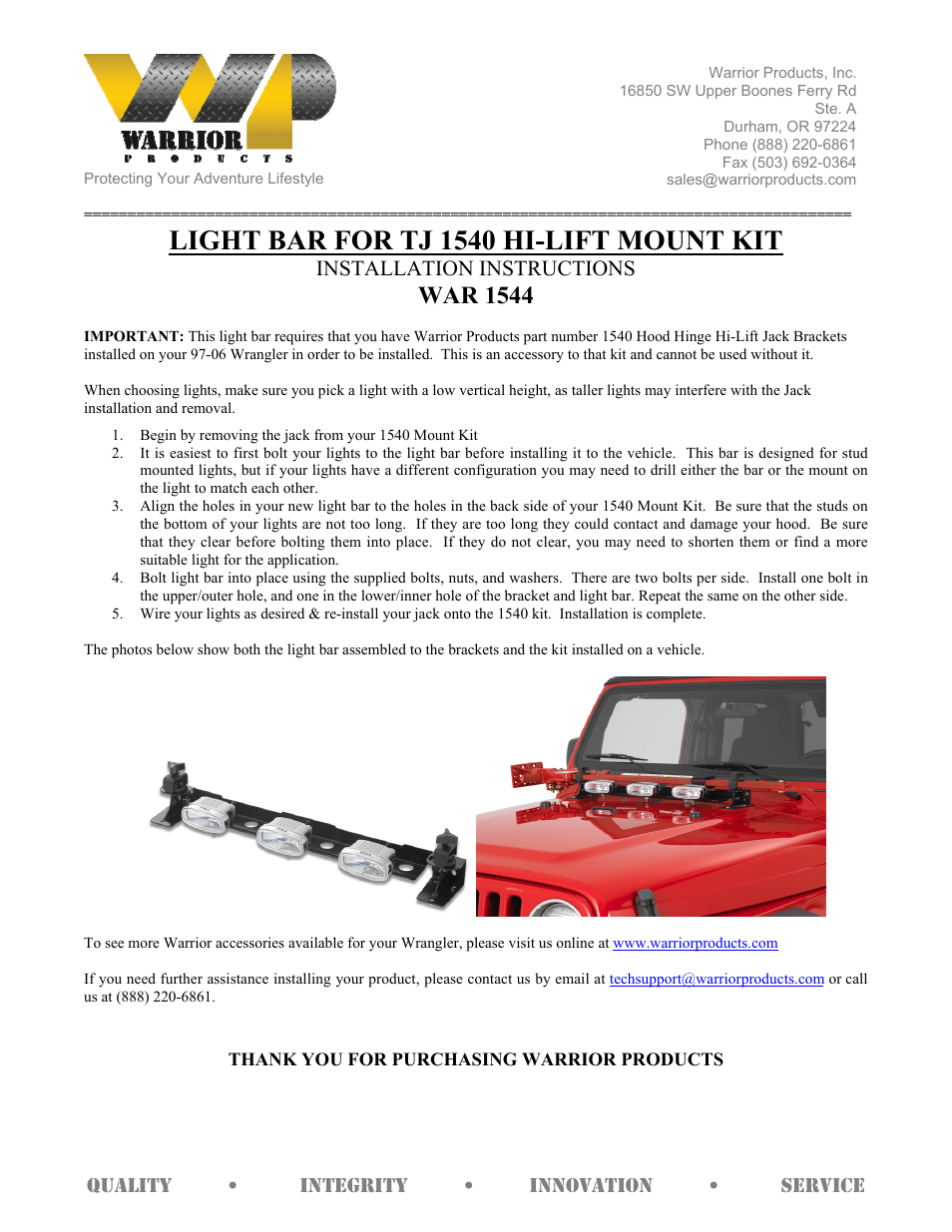 Warrior 1544 LIGHT BAR FOR TJ 1540 HI-LIFT MOUNT KIT (1997 – 2006 Jeep TJ Wrangler) User Manual | 1 page