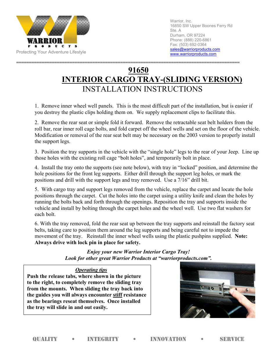 Warrior 91650 INTERIOR CARGO TRAY (1997 – 2006 Jeep TJ Wrangler) User Manual | 1 page