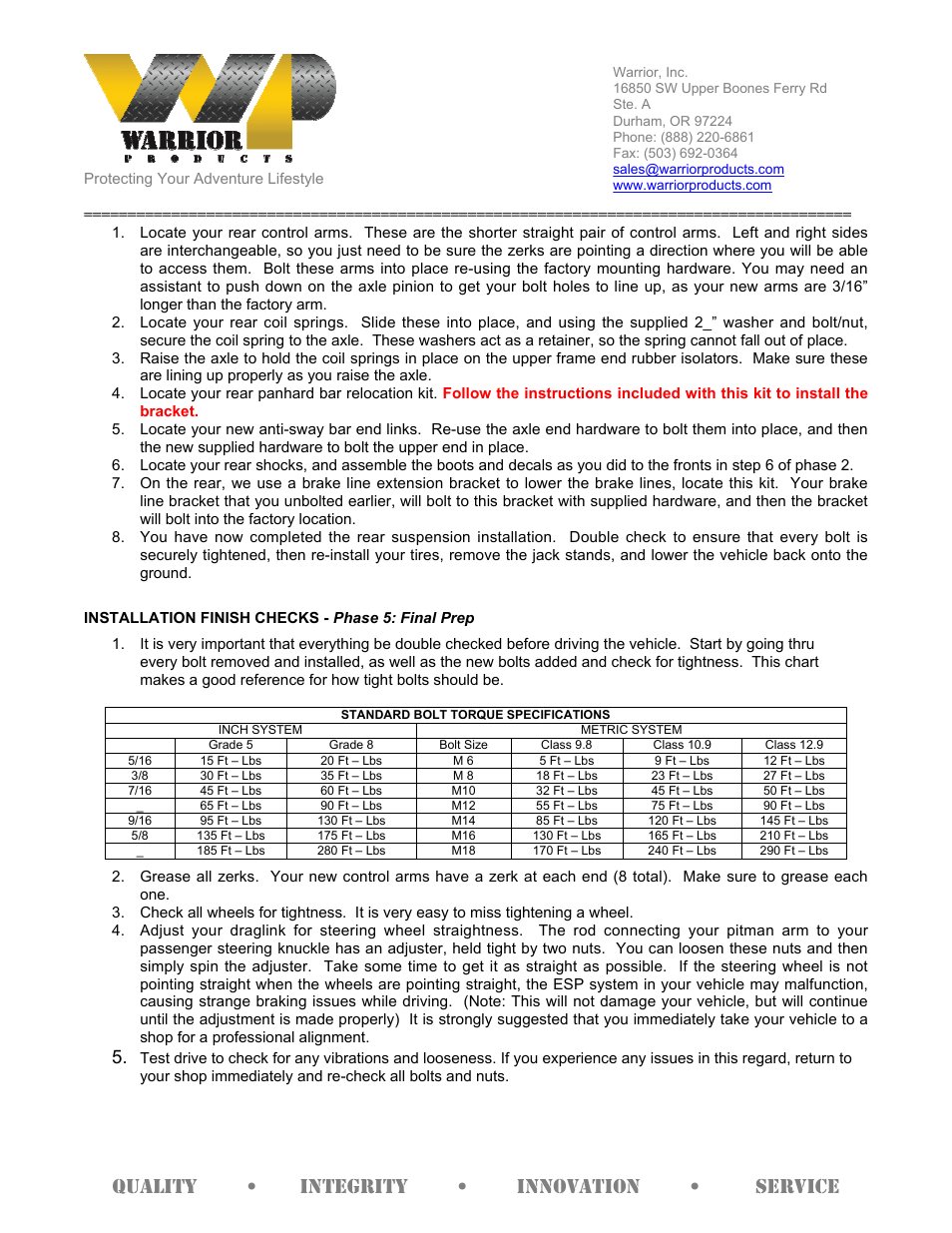 Quality • integrity • innovation • service | Warrior 30851 - JK 3” Coil Spring Lift Kit (2007 – 2013 Jeep JK Wrangler) User Manual | Page 3 / 8