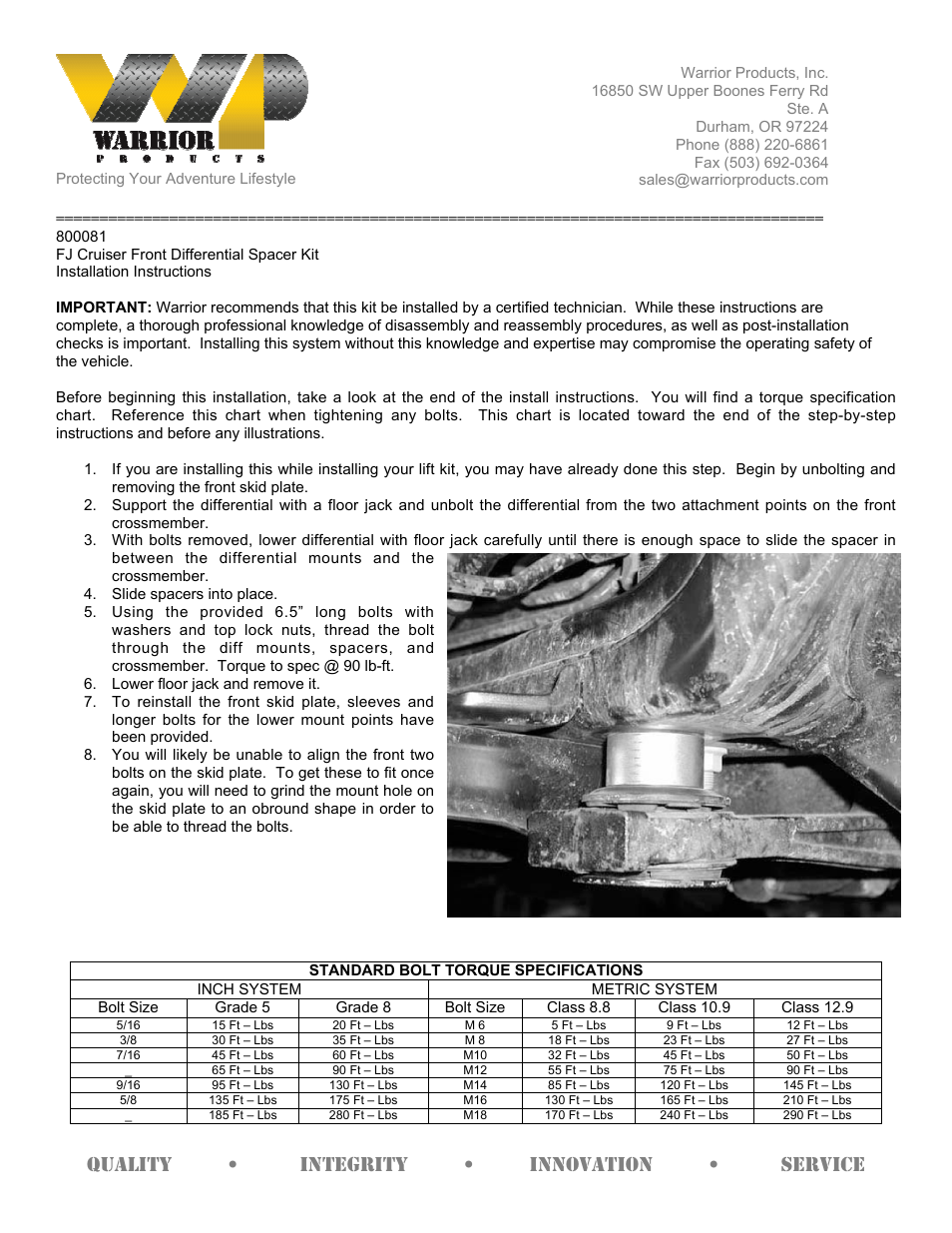 Warrior 800081 Front Differential Spacer Kit (2007-2013 FJ Cruiser) User Manual | 1 page