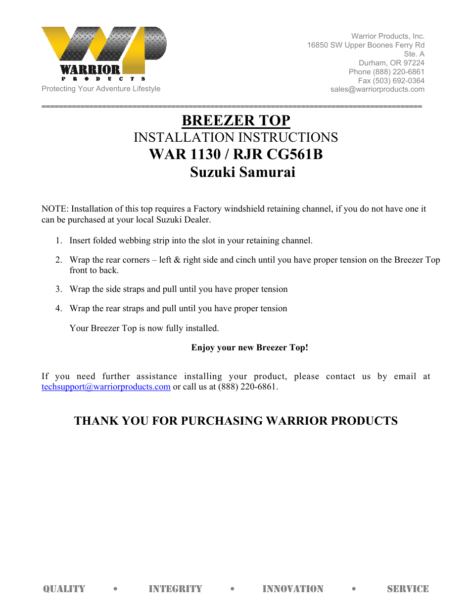 Warrior 1130_RJR CG561B BREEZER TOP (1986 – 1992 Suzuki Samurai) User Manual | 1 page