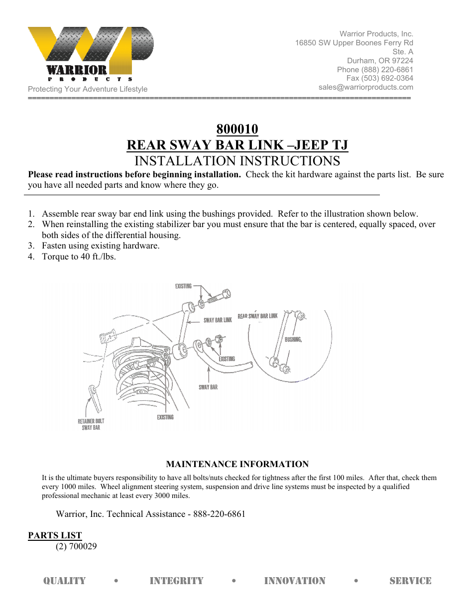 Warrior 800010 REAR SWAY BAR LINK (1997 – 2006 Jeep TJ Wrangler) User Manual | 1 page