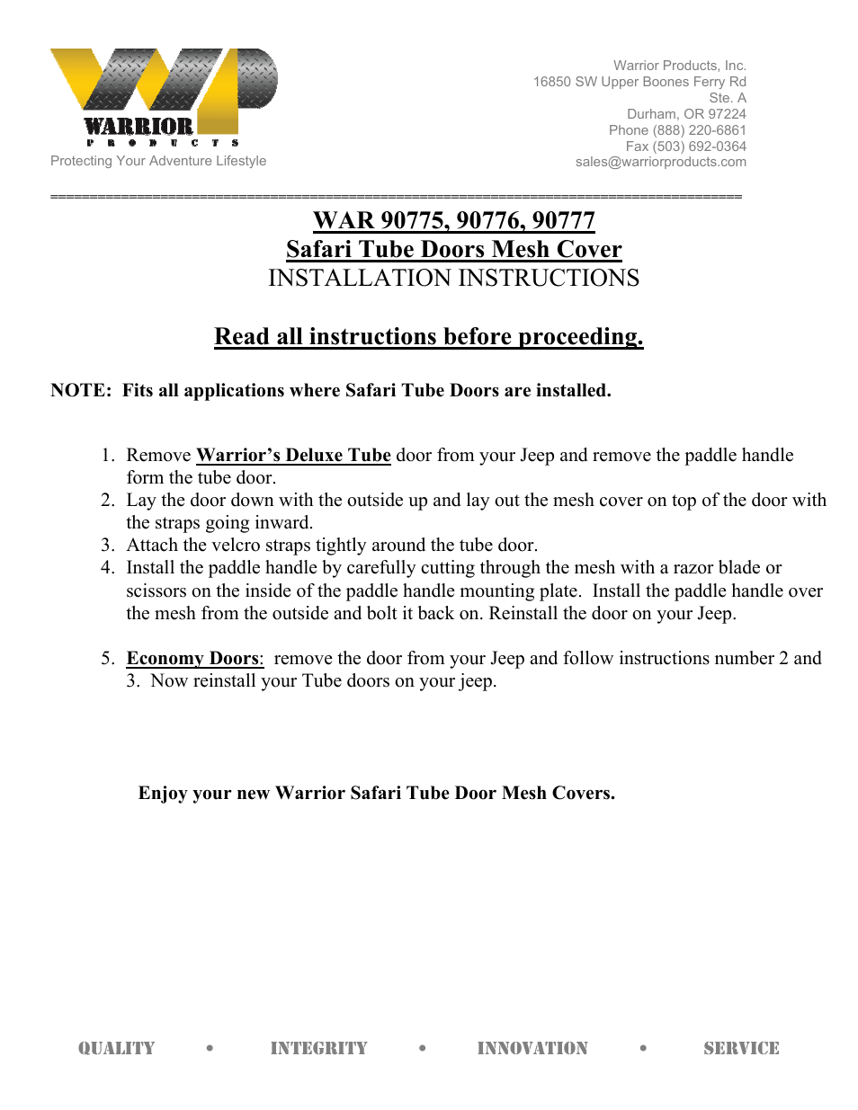 Warrior 90777 Safari Tube Doors Mesh Cover (Universal) User Manual | 1 page