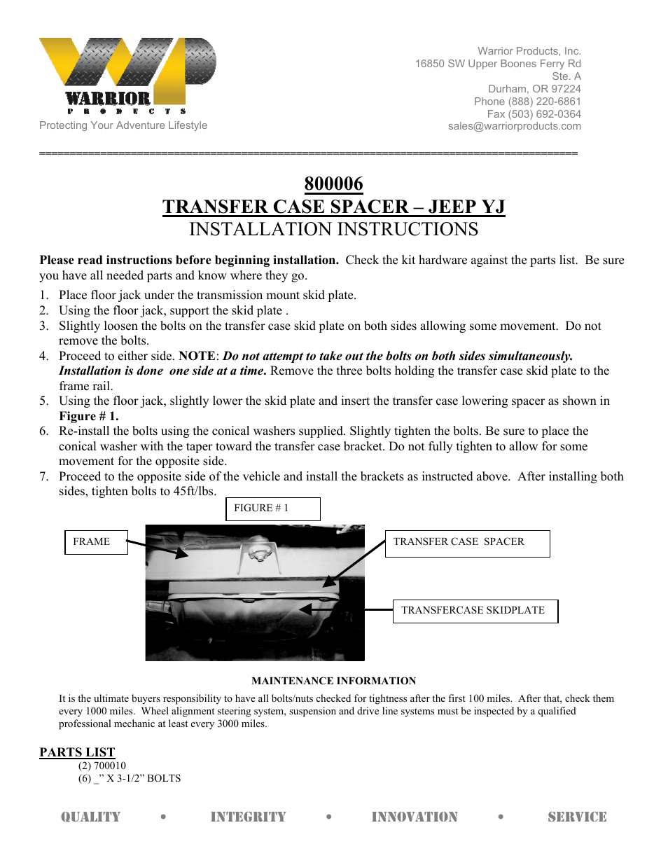 Warrior 800006 TRANSFER CASE SPACER (1987 – 1996 Jeep YJ Wrangler) User Manual | 1 page