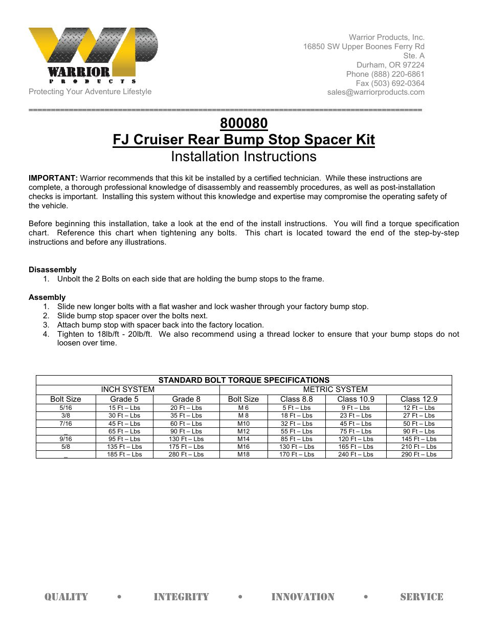 Warrior 800080 Rear Bump Stop Spacer Kit (2007-2013 FJ Cruiser) User Manual | 1 page