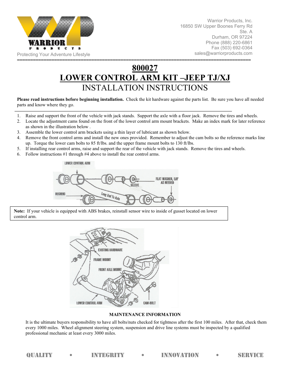 Warrior 800027 LOWER CONTROL ARM KIT (1997 – 2006 Jeep TJ Wrangler) User Manual | 2 pages