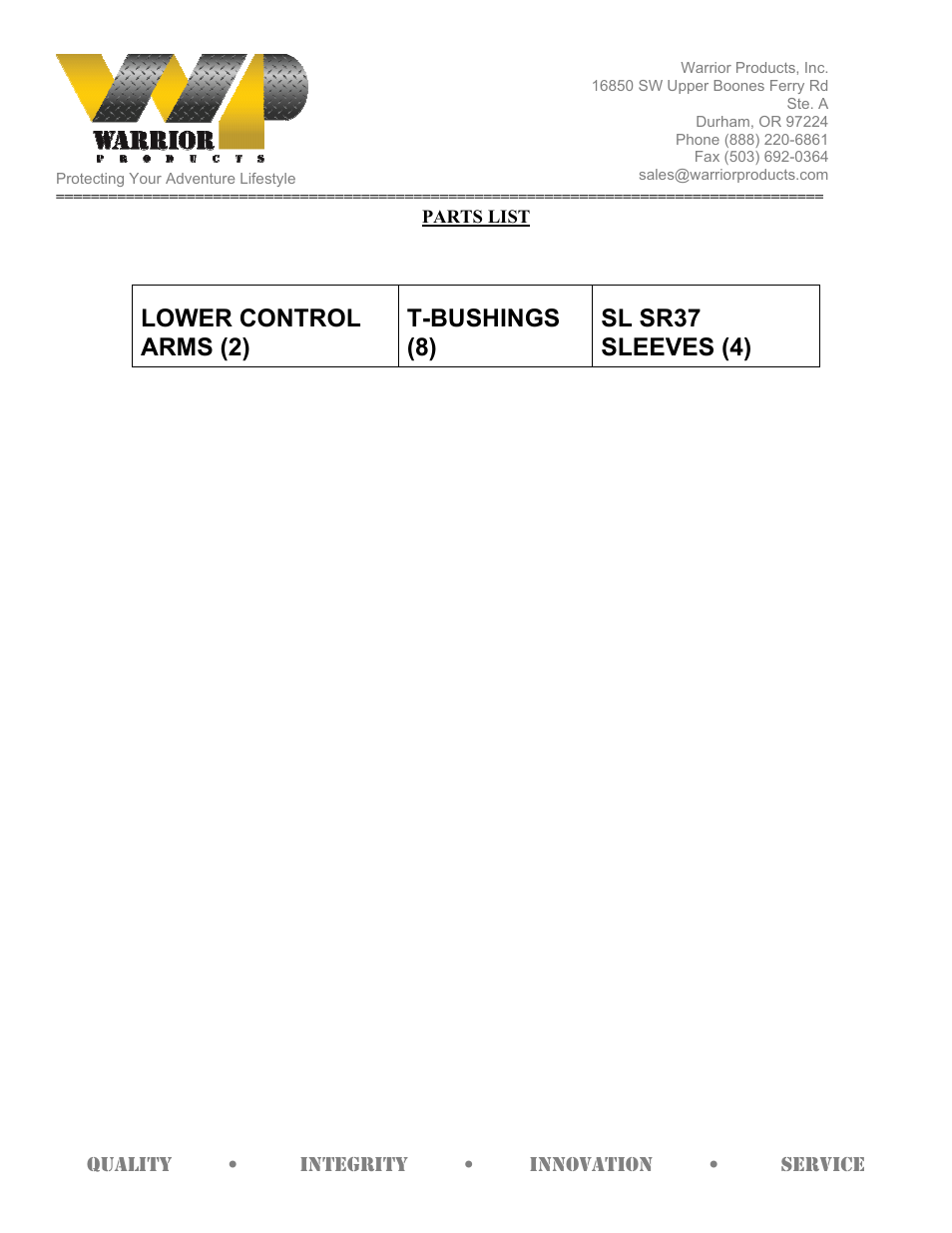 Warrior 800027 LOWER CONTROL ARM KIT (1997 – 2006 Jeep TJ Wrangler) User Manual | Page 2 / 2