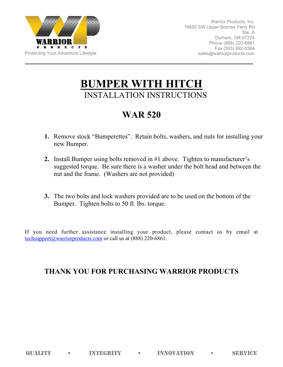 Warrior 520 BUMPER WITH HITCH (1976 – 1986 Jeep CJ5, CJ7, CJ8) User Manual | 1 page