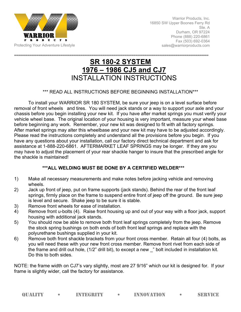 Warrior SR 180-2 SYSTEM (1976 – 1986 Jeep CJ5 & CJ7) User Manual | 3 pages