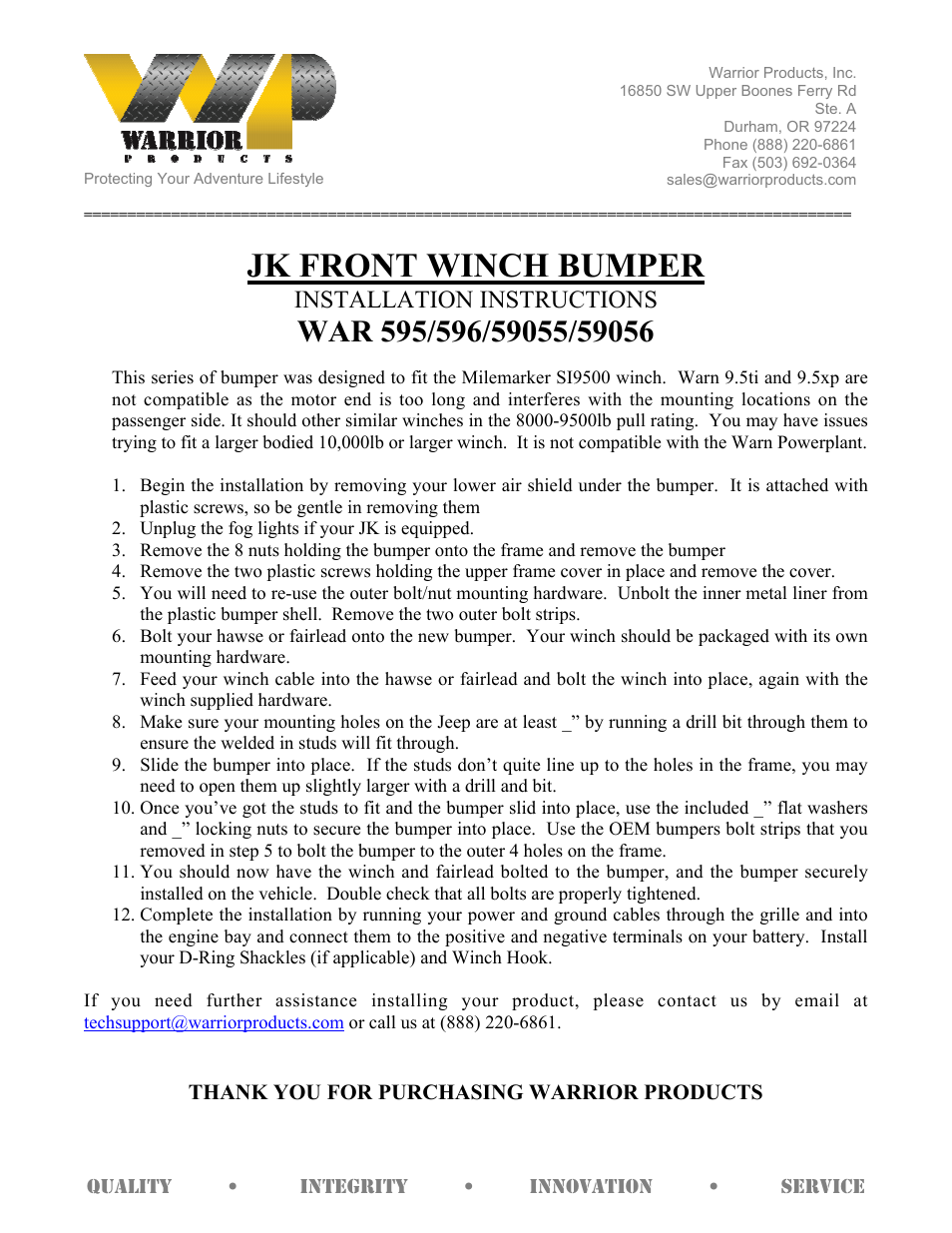 Warrior 59056 FRONT WINCH BUMPER (2007 – 2013 Jeep JK Wrangler) User Manual | 1 page