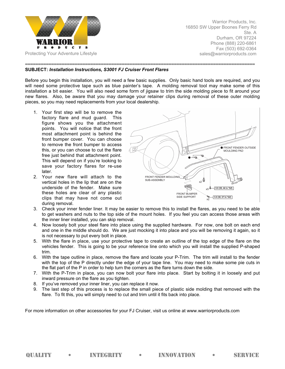 Warrior S3001 FJ Cruiser Front Flares (2007-2013 FJ Cruiser) User Manual | 1 page