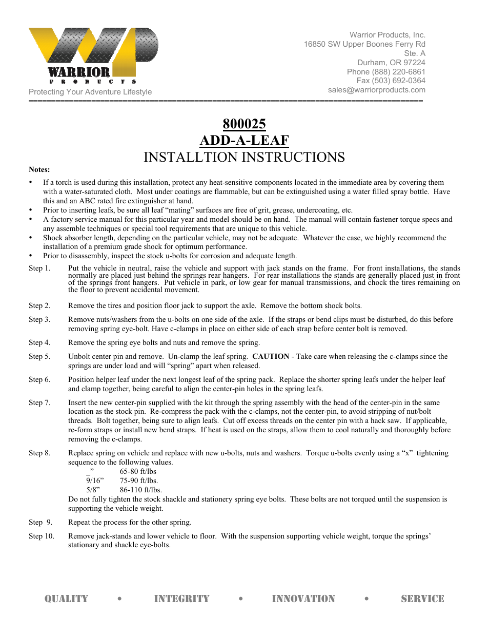 Warrior 800025 ADD-A-LEAF (1984 – 2001 Jeep XJ Cherokee) User Manual | 1 page