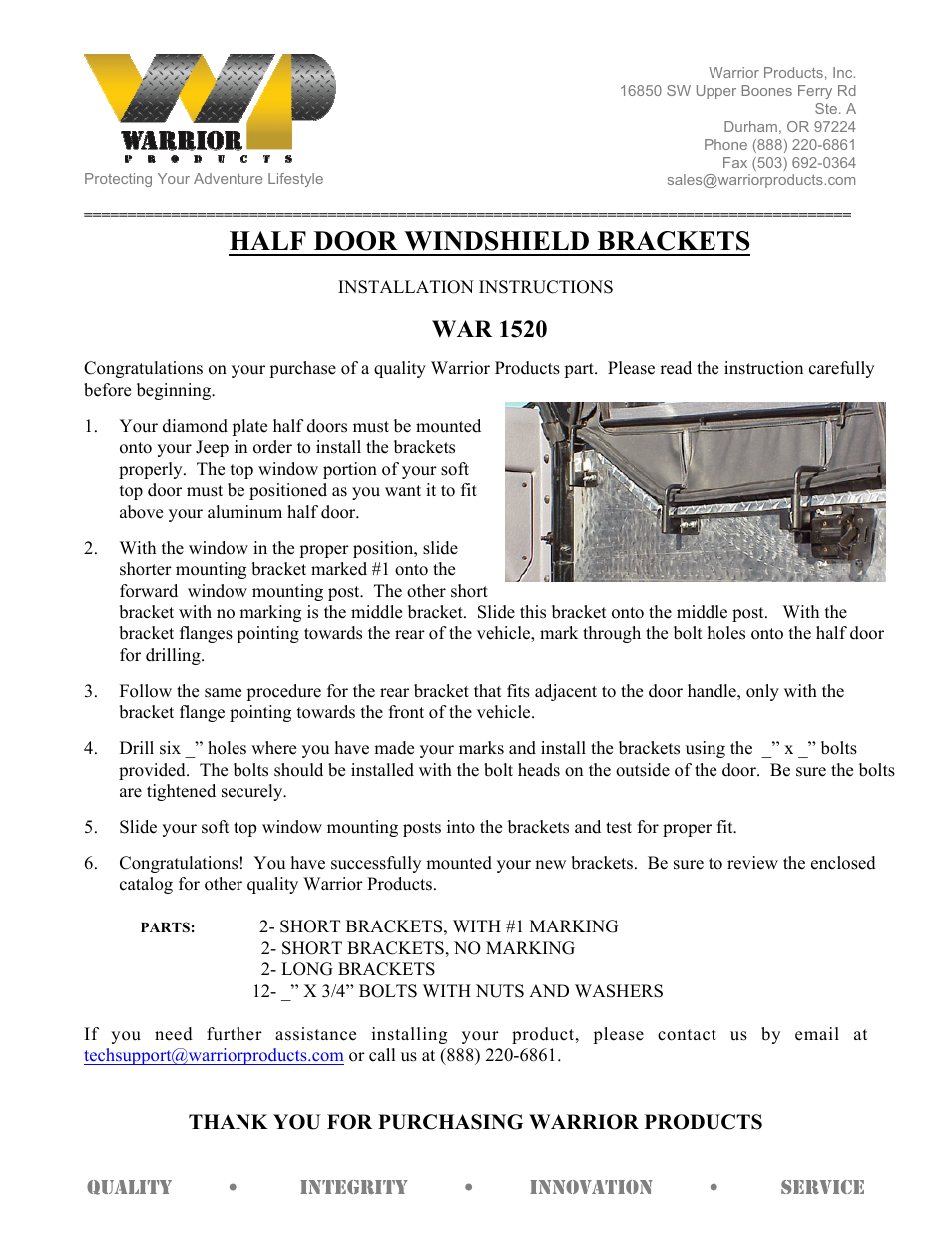 Warrior 1520 HALF DOOR WINDSHIELD BRACKETS (1997 – 2006 Jeep TJ Wrangler) User Manual | 1 page