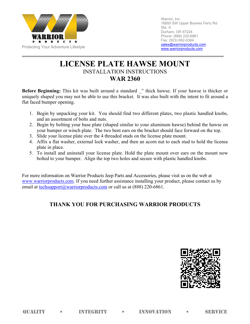 Warrior 2360 LICENSE PLATE HAWSE MOUNTS (Universal) User Manual | 1 page