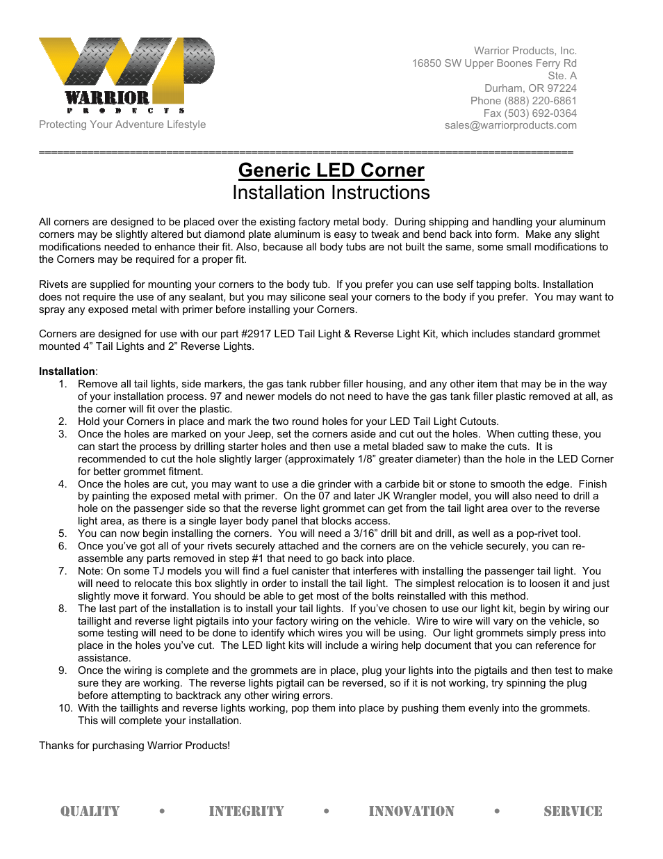 Warrior Generic LED Corner (Universal) User Manual | 1 page